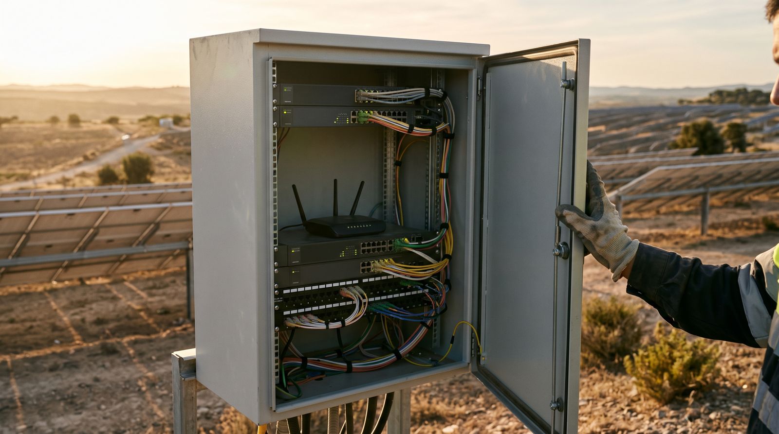 Open communications cabinet at a solar plant, with a 4G router among the network equipment