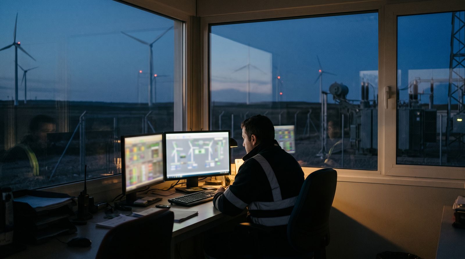 Operator in the control room of a wind farm at dusk