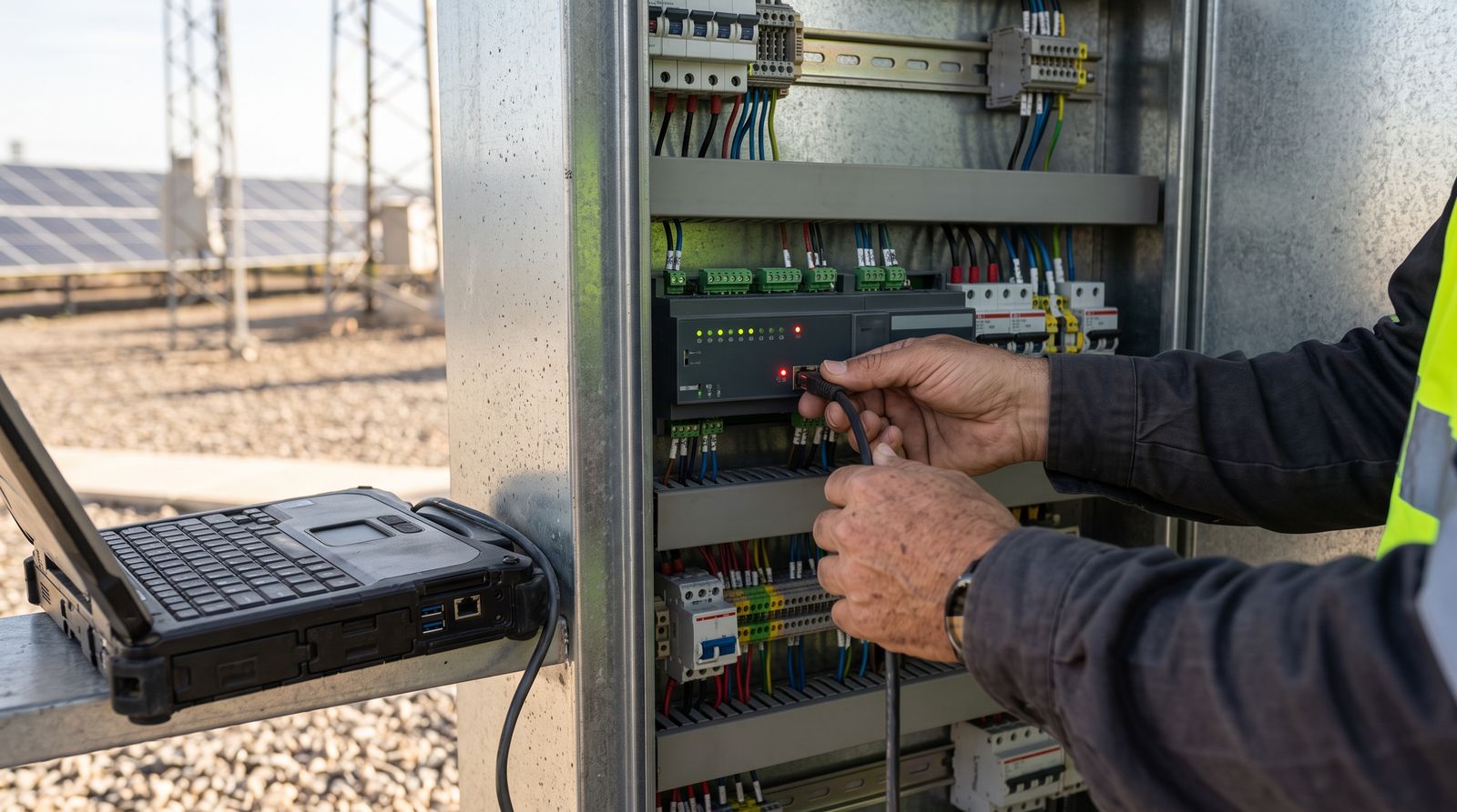 Technician connecting a laptop to the controller of a solar plant