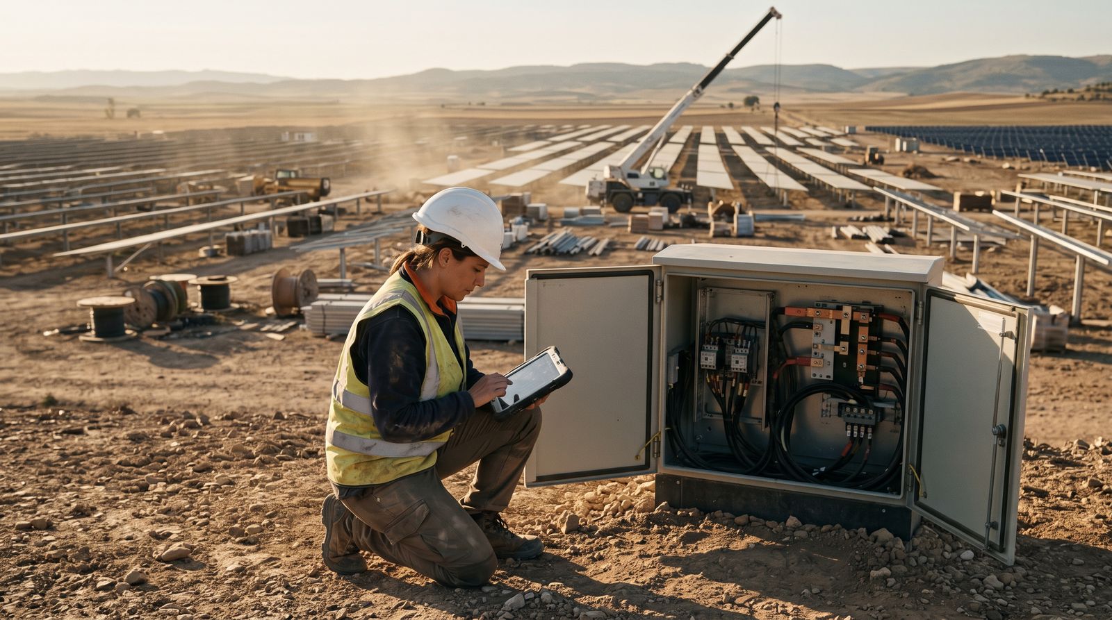Engineer checking the wiring of an inverter station at a solar plant under construction