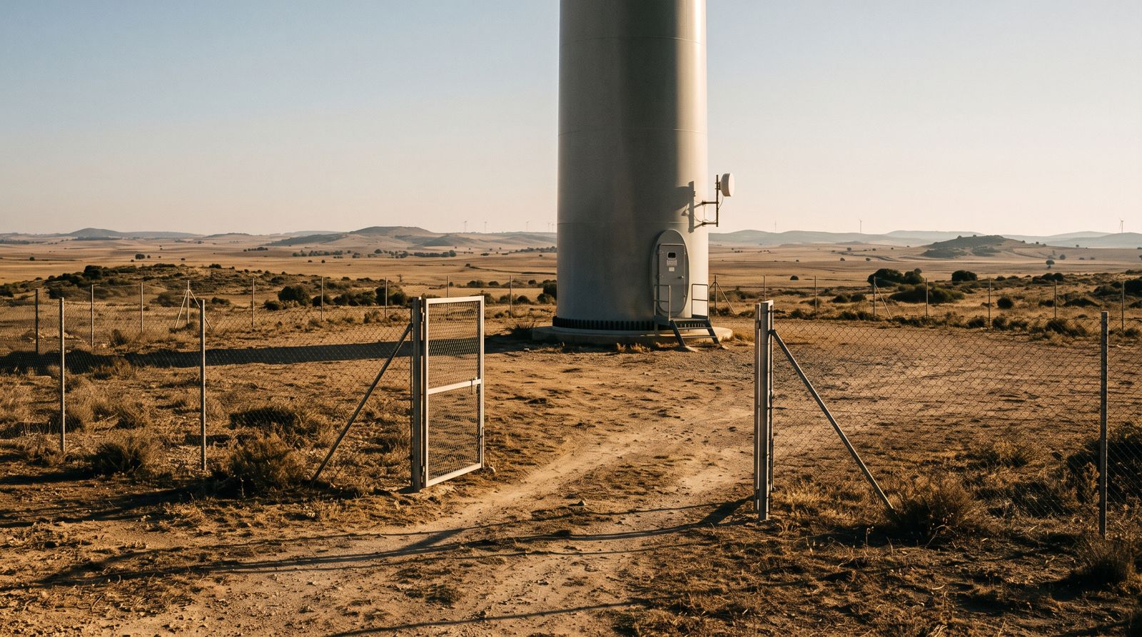 Perimeter fence with its gate ajar beside the base of a wind turbine on the Castilian plateau