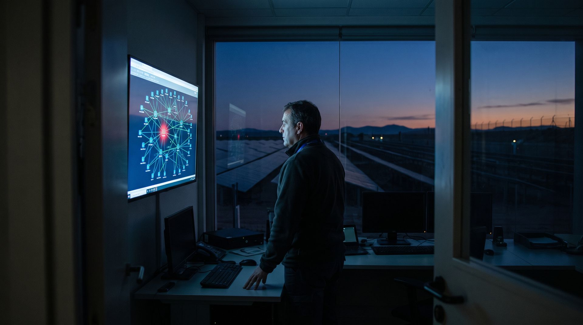 Engineer studying the control network map of a solar plant, with one node on alert