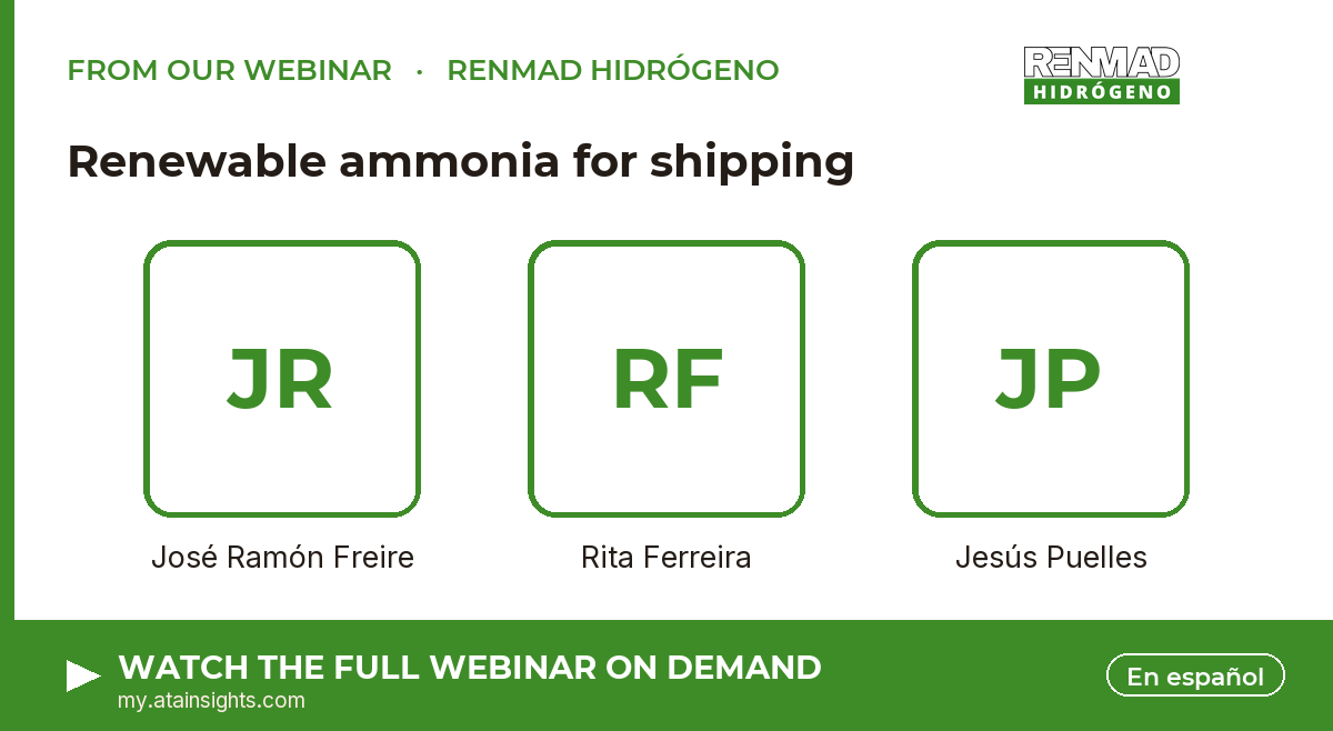 From our webinar — Renewable ammonia for shipping. Speakers: José Ramón Freire, Rita Ferreira, Jesús Puelles. Watch on demand.