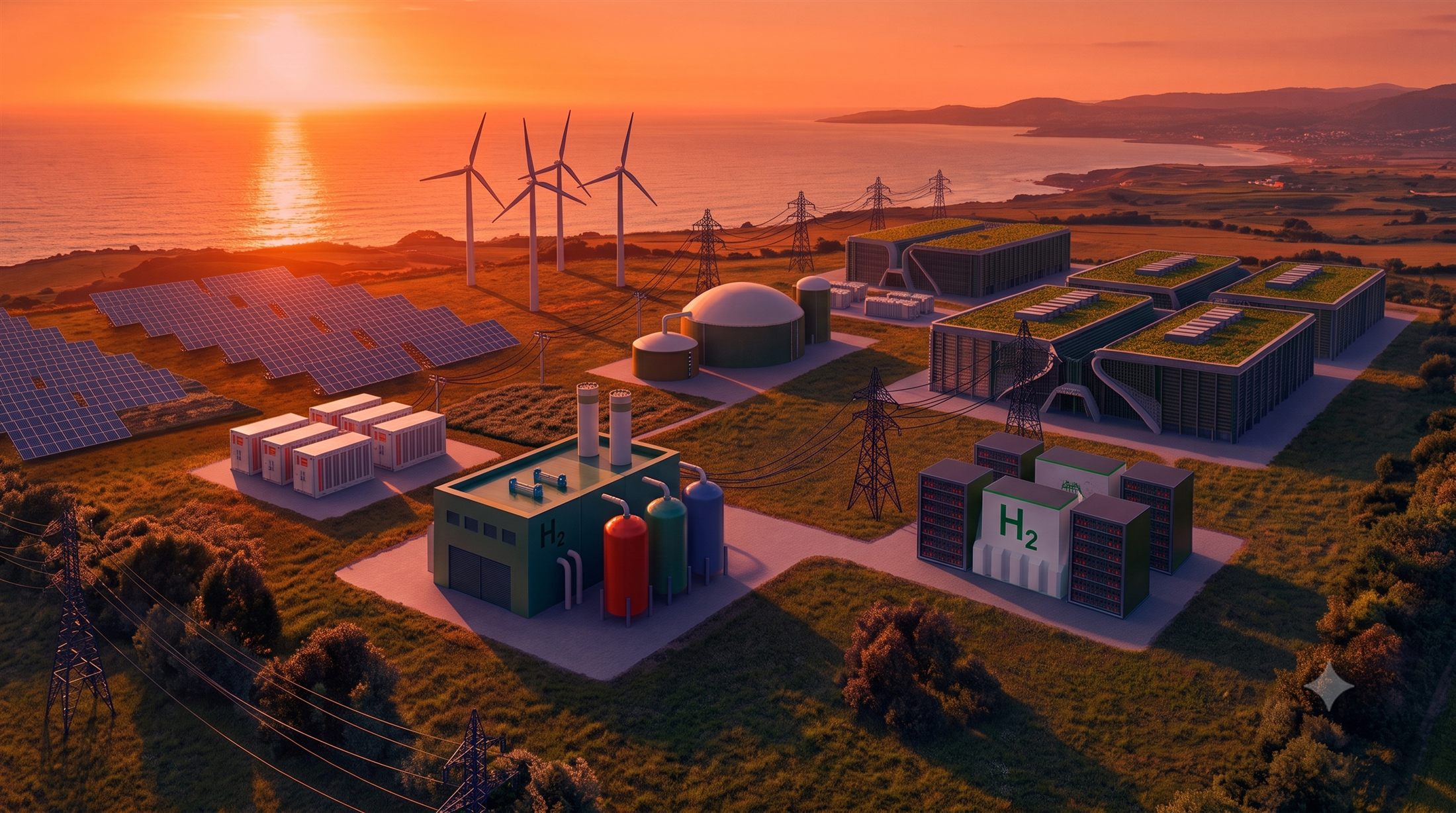 A hybrid energy park: solar, wind, battery storage, hydrogen, biogas and datacenters at sunset
